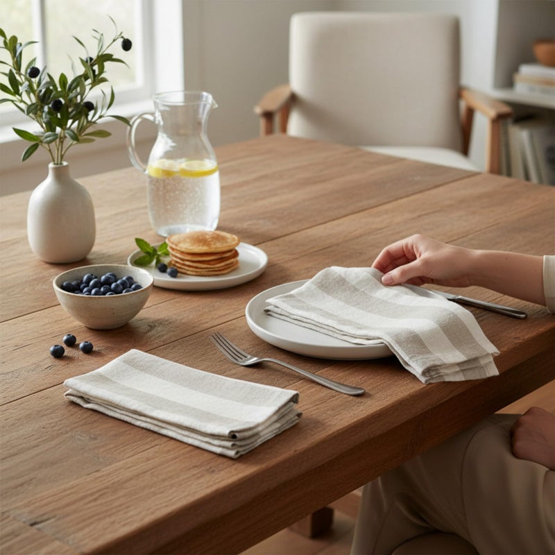 Eight Owls Linen Napkins â€“ Stonewashed Pure Linen Stripe Cloth Dinner Napkins â€“ Created from French Flax - Mitered Corners â€“ Set of 4 (Natural Stripe) - Image 3